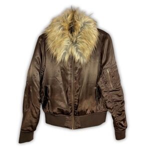 VTG Rue 21 Bomber Jacket Faux Fur Collar Brown Satin Puffer Full Zip y2k Grunge